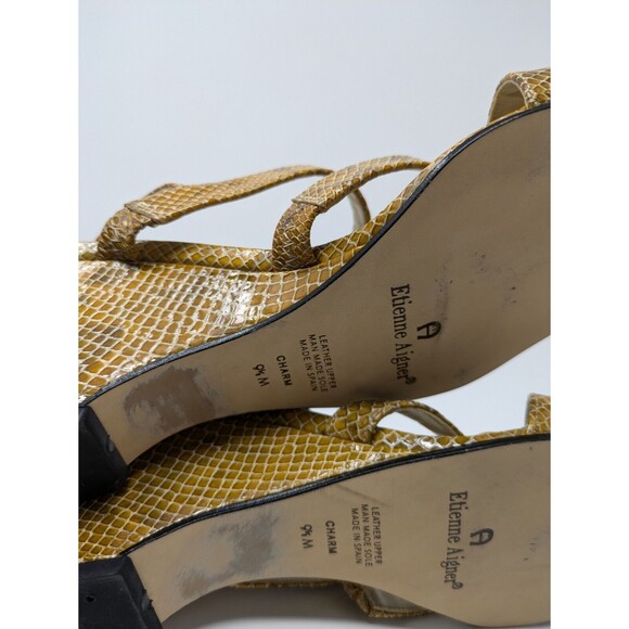 Etienne Aigner Charm Snakeskin Embossed Leather Wedges Gold Tan Sandals 9.5M - Picture 7 of 8